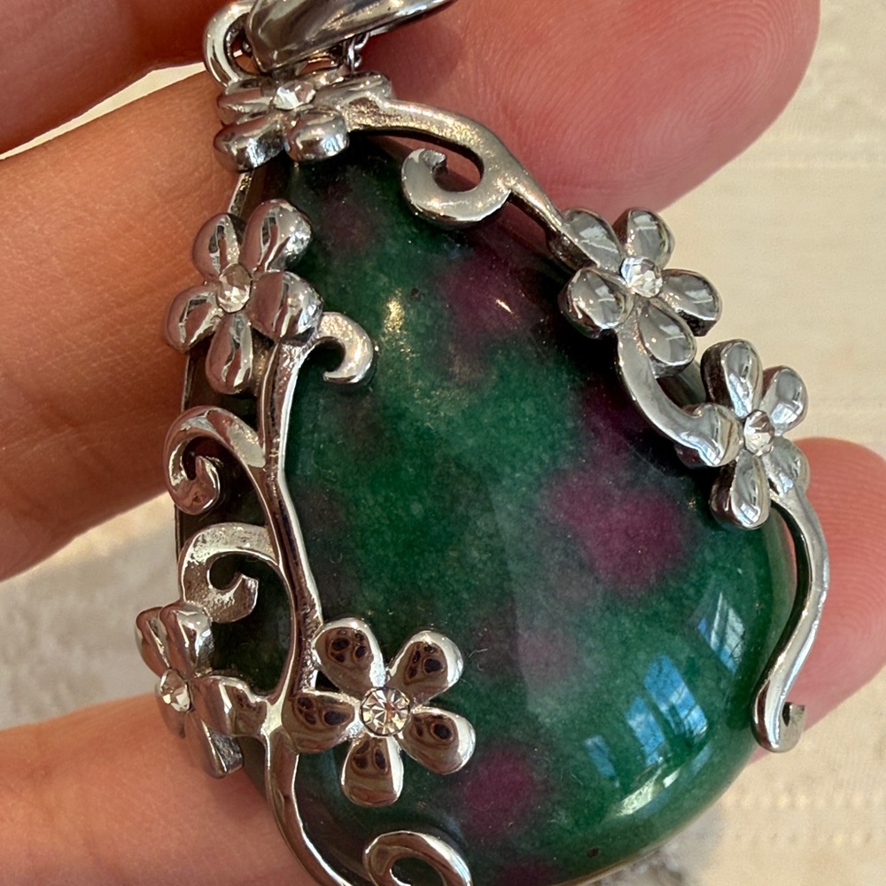 Ruby Zoisite Silver and Green Stainless Steel Pendant Necklace
